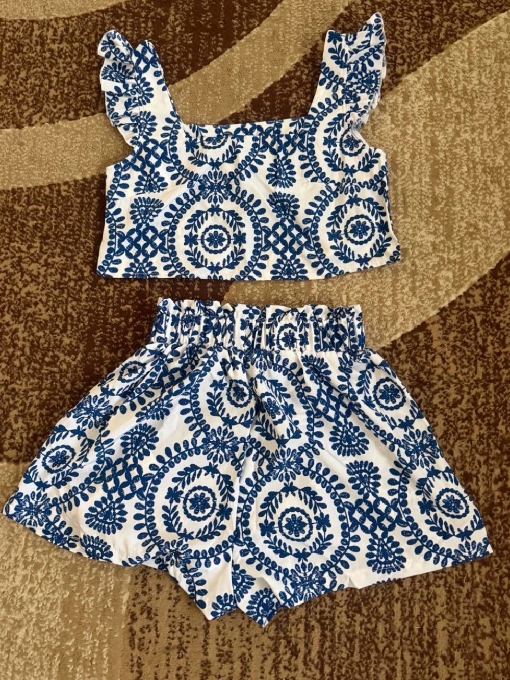 SHEIN Blue and White Printed Ruffle-Strap Crop Top & Shorts Set